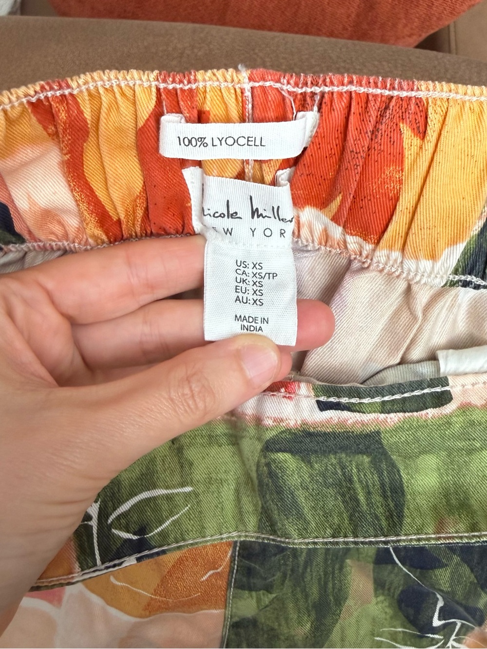 Nicole Miller Tropical Print Wide-Leg Pants — Orange, Green, Cream - Picture 6 of 6